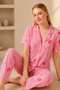 Women's Pink Lip Patterned Shirt Collar Short Sleeve Buttoned Pants Cotton Pajamas Set - 4