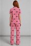 Women's Pink Bow Patterned Cotton Short Sleeve Shirt Collar Buttoned Trousered Pajama Set - 2