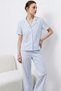 Women's Blue Striped Short Sleeve Buttoned Shirt Collar Pants Pajama Set - 2