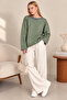 Women's Green Smoked Oversize Striped Knit Sweater