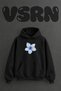 Blue Flower Design Pre-Printed Oversize Black Hooded Sweatshirt
