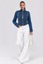 Women's Blue Denim Jacket with Silver Button Detail, Stand Collar, Short Jean Jacket - 2