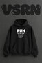 Run Typography Design Pre-Printed Oversize Black Hooded Sweatshirt