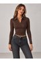 Zippered Polo Collar Ribbed Crop Blouse