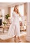 New Season Ecru Luxury Boxed Premium Lace Detailed Buttoned Design Long Sleeve Maternity Pajama Nightgown Set - 8