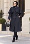 Women's Black Cape Detailed Belted Buttoned Long Trench Coat Nbft015 - 4