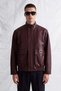 Men's Mati Hakim Collar Leather Coat with Large Pockets, Burgundy - 2