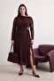 Brown Accessory Detailed Lined Tulle Asymmetrical Collar Slit Knitted Dress Tbbaw27Ah00040 - 3