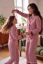Bordo Kız Çocuk %100 Pamuk Çizgili Kadife Kurdeleli Baskılı Anne-Kız Pijama Takımı TKDAW27PT00049 - 4