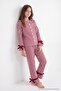 Bordo Kız Çocuk %100 Pamuk Çizgili Kadife Kurdeleli Baskılı Anne-Kız Pijama Takımı TKDAW27PT00049 - 2