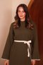 Women's maxi length crew neck sleeveless shepherd stitching belted hijab knit dress 8525 khaki - 3