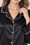 Women's Black Satin Long Sleeve Pajama Set - Two-Piece Set with White Piping and Button Detailing - 6
