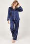 Women's Navy Blue Satin Long Sleeve Pajama Set - Two Piece Set with White Piping and Button Detailing - 2