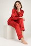 Women's Red Satin Long Sleeve Pajama Set - Two-Piece Suit with Black Piping and Button Detailing - 2