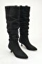 Women's Black Suede Pointed Toe Thin Heeled Bellows Zipperless Below-Knee Boots - Gathered for Comfort and Easy Wear
