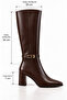 Women's Brown Below-The-Knee Boots with Belt Buckle, 7 cm Thick Heel, Pointed Toe, Stylish Daily Boots - 3