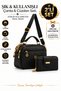 Women's Black Hand and Shoulder Bag with Three Compartments and Black Wallet Card Holder with Gold Details