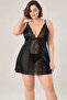 Women's Black Plus Size Deep V-Neck Stylish Satin with Transparent Lace Detail - 5
