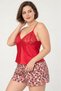 Women's Red Plus Size Satin Thin Straps & Lace Detailed Patterned Shorts Set