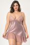 Women's Plus Size Powder Pink Thin Strap Ruffled Satin Nightgown - 2