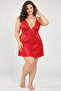 Women's Red Plus Size Tulle Detailed Lace Satin Nightgown - 3