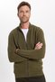 Men's Standard Fit Regular Cut Patterned Half Turtleneck Zipper Open Khaki Color Cardigan - 5