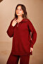 Women's Half Zipper Wide Collar Hijab 2-Piece Knitwear Set 4816 Claret Red - 3