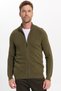 Men's Standard Fit Regular Cut Patterned Half Turtleneck Zipper Open Khaki Color Cardigan - 3