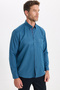 Men's Regular Fit Classic Cut Cotton Oxford Texture Petrol Color Button Lapel Shirt - 5