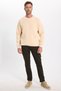 Unisex Oversize Wide Cut Cotton Soft Textured Fleece Inside Beige Color Crew Neck Sweatshirt - 3
