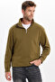 Unisex relax fit comfortable cut cotton fleece lined half zip green high neck sweatshirt