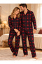 Navy Blue Plaid Patterned Red Long Sleeve Buttoned Front Shirt Collar Family Pajama Set Combination - 5