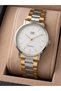 Men's Silver Gold Thin Bezel Numeral-Free Plain Striped White Dial Analog Watch