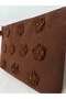 Alba Women's Suede Portfolio Bag 3D Floral Pearl Detailed Zippered Wrist Strap Clutch Handbag - 3