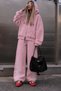 Women's Oversized Tracksuit Set Pink – Hooded Zippers, Striped Detail , Lace-Up Waist, Wide Legs - 4
