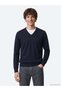 Navy Blue Plain Knitted Wool Blended Sweater