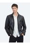 Black Regular Fit Stand Collar Sheepskin Leather Coat