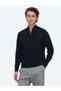 Navy Blue Bato Collar Jacquard Wool Blend Knit Sweater