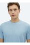 Blue Plain Crew Neck Cotton Blend T-Shirt - 3