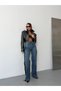 Women's Draped Straight-Cut Denim Trousers with Rope Tassel Detail on the Side - 4