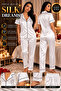 Silky Satin Short Sleeved Women's Pajama Set with Stone Accents - 2