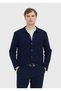 Navy Blue Polo Neck Plain Knit Wool Blend Cardigan