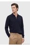 Navy Blue Polo Neck Plain Knit Wool Blended Sweater