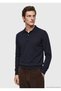Navy Blue Polo Neck Plain Knit Wool Blended Sweater