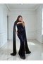 Valentina Beaded Sequin Embroidered Cape Navy Blue Designer Evening Dress