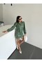Green Leather Look Blouse & Skirt Set with Metal Button Detail - Green - 4