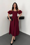 Women's Burgundy Pleated Balloon Sleeve Atlas Lined Dress