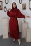 Women's Burgundy Satin High Collar Bat Sleeve Long Sleeve Elastic Waist Maxi Length Evening Dress