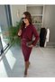 Women's Burgundy Gold Sleeveless Square Neck Belted Glitter Tweed Jacket and Bottom Top Set - 3