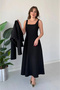 Women's Black Square Collar Long Dress and Flap Pocket Crop Jacket Textured Fabric Two-Piece Set - 3
